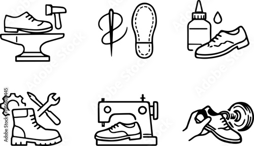 Shoemaking and footwear repair icon set
