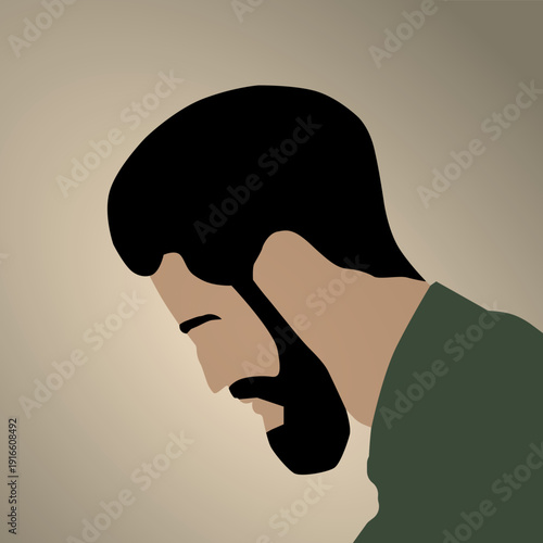 Minimalist illustration of a man's profile with a beard in a pensive or depressed state.