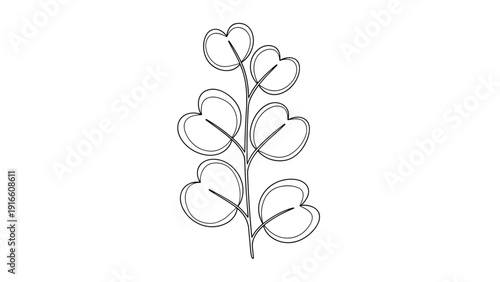 Delicate black and white line drawing of a branch featuring heart-shaped leaves for romantic and nature-themed botanical illustrations.