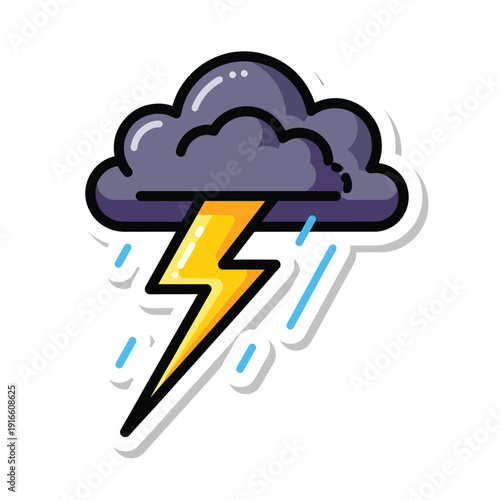 A dramatic thunderstorm illustration featuring a lightning bolt and rain under a dark cloud