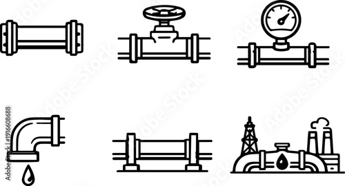 Gas pipeline and industrial infrastructure icon set. Vector