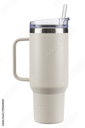 White tumbler with straw handle isolated on a transparent background