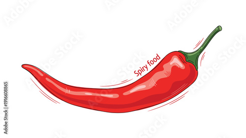 Vibrant red chili pepper illustration with a green stem and hand written text denoting spicy food suitable for culinary and restaurant branding.