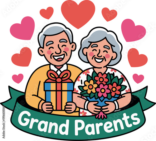 A cartoon illustration of happy grandparents with a gift and flowers