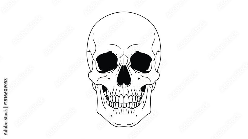 Obraz premium Realistic black and white line art illustration of a human skull from a front perspective showing anatomical details of the teeth and bones.