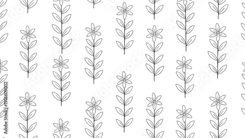 Minimalist seamless pattern of stylized black flower stems with symmetrical leaves arranged vertically on a clean white background for decor.