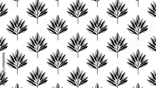 Bold black and white seamless pattern featuring stylized fan-shaped leaves with high contrast and geometric appeal for modern interior design.