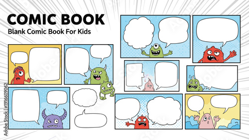Educational blank comic book template for kids featuring colorful monster characters and empty speech bubbles for creative storytelling and drawing.