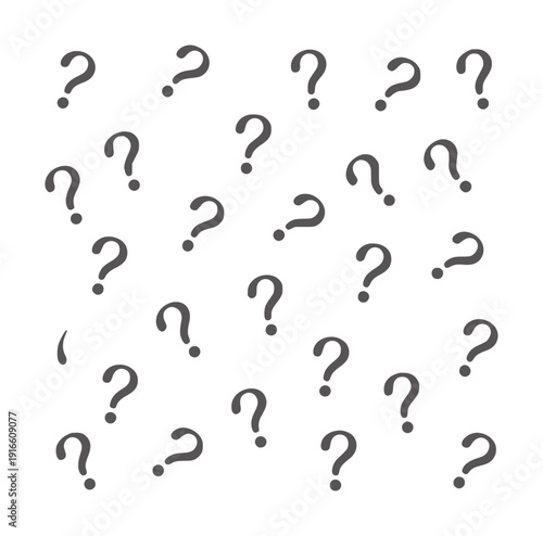 Scattered dark gray question marks a white symbol punctuation query