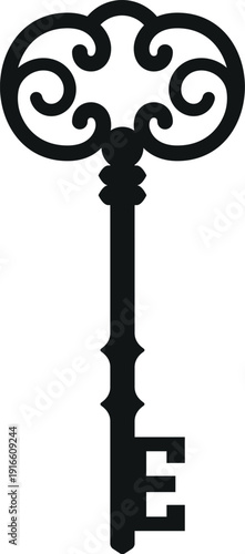 Antique key black icon. Medieval secret symbol