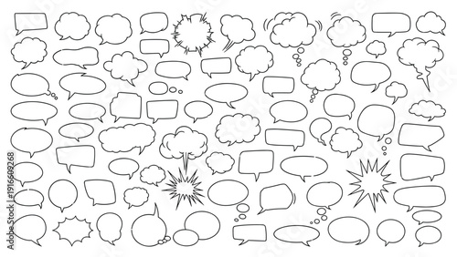 Large set of diverse hand drawn speech bubbles and thought clouds in various shapes and sizes for versatile comic book and graphic designs.