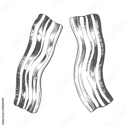 Two strips of black and white ink bacon food meat breakfast pork