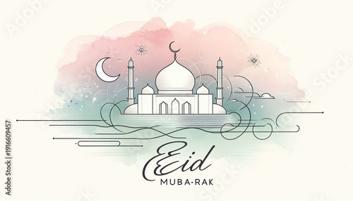Minimal Islamic Mosque Illustration with Soft Pastel Watercolor Spiritual Background