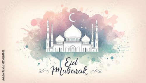 Elegant Minimal Mosque Architecture Line Art with Watercolor Eid Mubarak Greeting