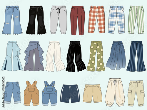 Fashion Pants and Trousers Illustration Collection Set featuring Jeans Cargo Shorts and Overalls