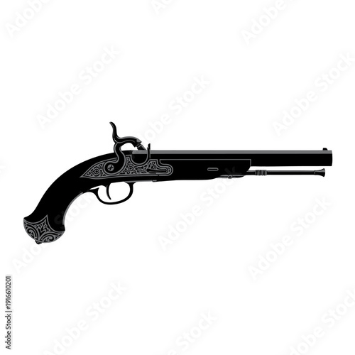 Antique Black Flintlock Pistol Isolated on White Background, Detailed Weaponry.