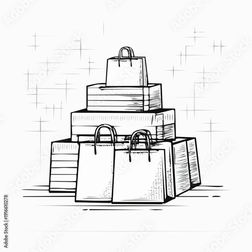 Stack of multiple shopping bags Online stores and shopping line art vector illustration with transparent background editable stroke.