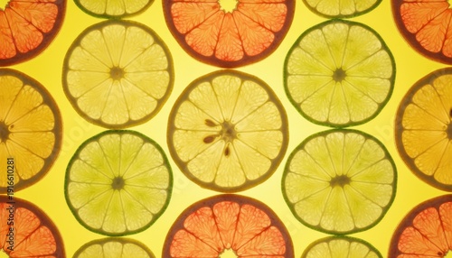 Colorful Citrus Fruit Slices Over Bright Yellow Background Ideal for Vibrant Summer Recipes and Healthy Eating