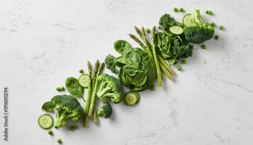 Fresh assortment of green vegetables arranged on a marble surface for healthy food concept or culinary inspiration
