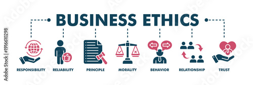 Business ethics banner web fill vector illustration concept for web and print with an icon of responsibility, reliability, principle, morality, behavior, relationship, and trust