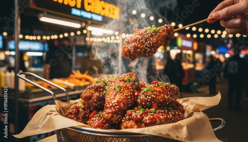 Crispy BBQ Chicken Wings with Sauce and Garnish Served at Vibrant Night Market Food Stall