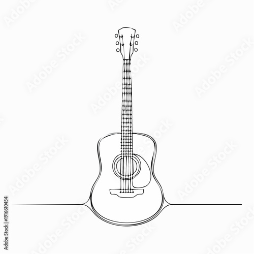 single continuous line acoustic guitar, music line art vector illustration with transparent background editable stroke.