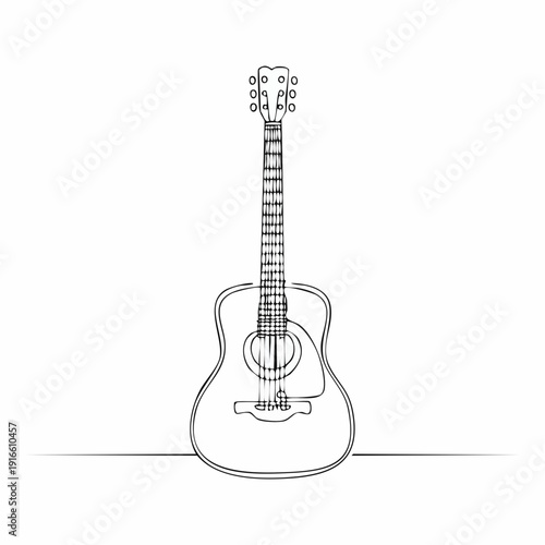 single continuous line acoustic guitar, music line art vector illustration with transparent background editable stroke.