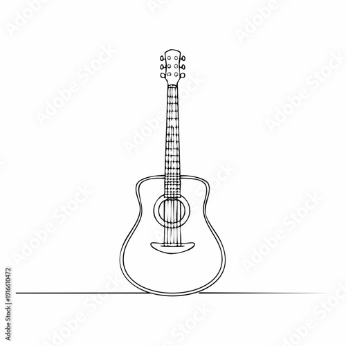 single continuous line acoustic guitar, music line art vector illustration with transparent background editable stroke.