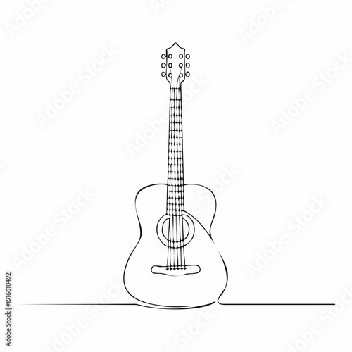 single continuous line acoustic guitar, music line art vector illustration with transparent background editable stroke.
