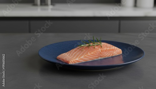 Fresh Salmon Fillet on Blue Plate with Green Garnish in Modern Kitchen Setting