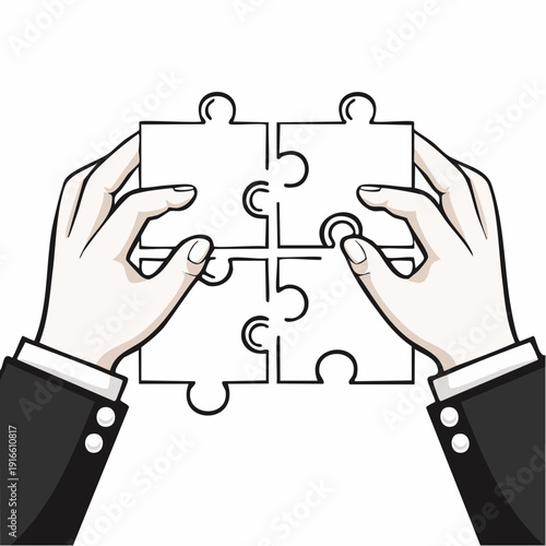 Both hands are putting together a jigsaw puzzle. line art vector illustration with transparent background editable stroke.