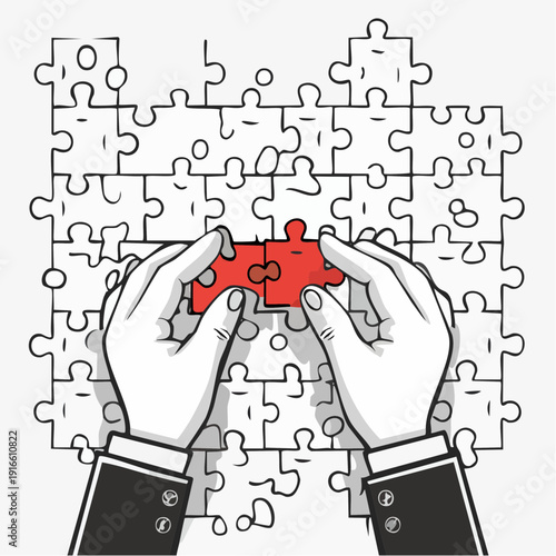 Both hands are putting together a jigsaw puzzle. line art vector illustration with transparent background editable stroke.