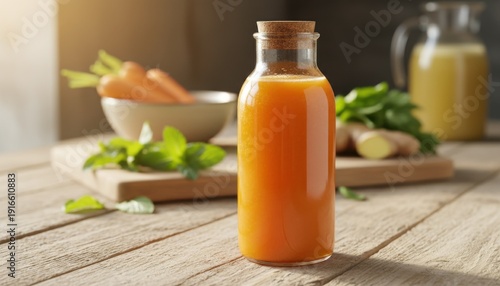 Fresh Carrot Juice in Glass Bottle with Ginger and Green Herbs on Wooden Table in Natural Light