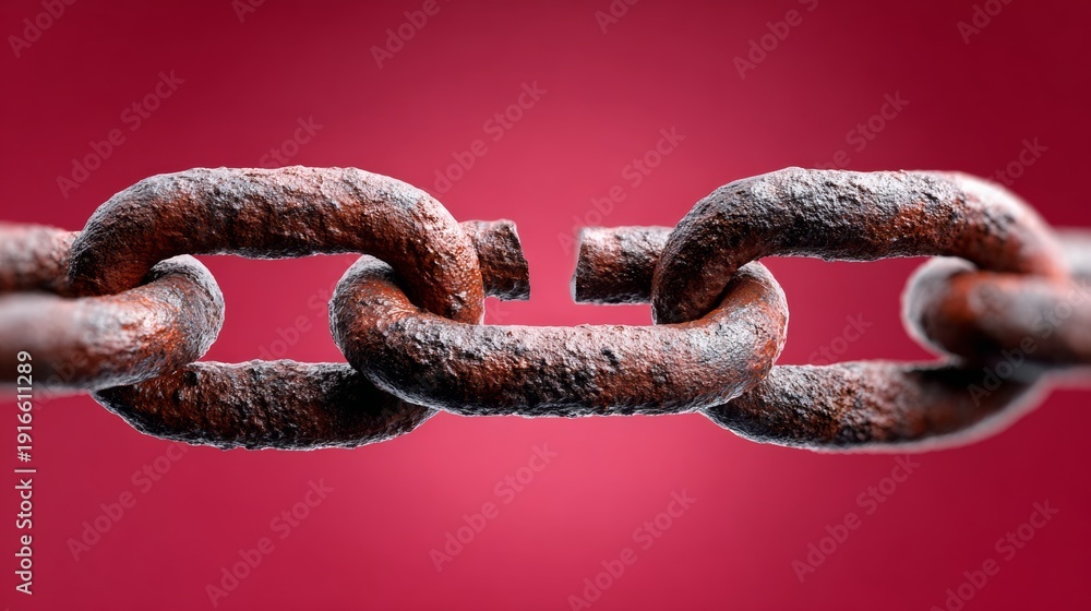 Obraz premium A chain is broken in two pieces. The chain is rusty and worn. The broken chain is a symbol of separation and disconnection