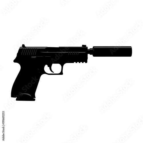 Black Handgun with Silencer Isolated on White Background, Side View.