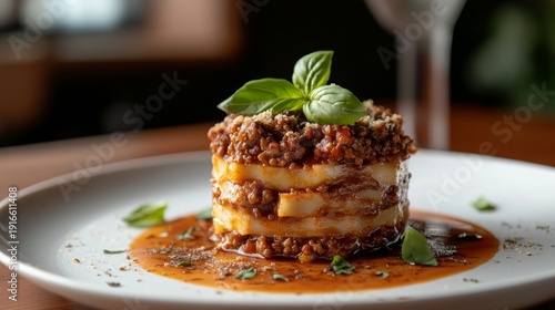 An appetising multi-layered lasagne with basil on a plate, garnished with sauce, will be a striking visual accent for culinary blogs or restaurant menus in the background.