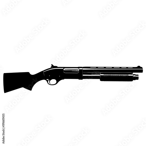 Black Pump-Action Shotgun Isolated on White Background, Weapon Concept.