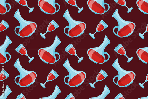 Seamless pattern with decanters or carafes and stemmed wine glasses filled with red wine. Flat vector design perfect for bar menus, textiles, backgrounds, and beverage themes. Vector illustration