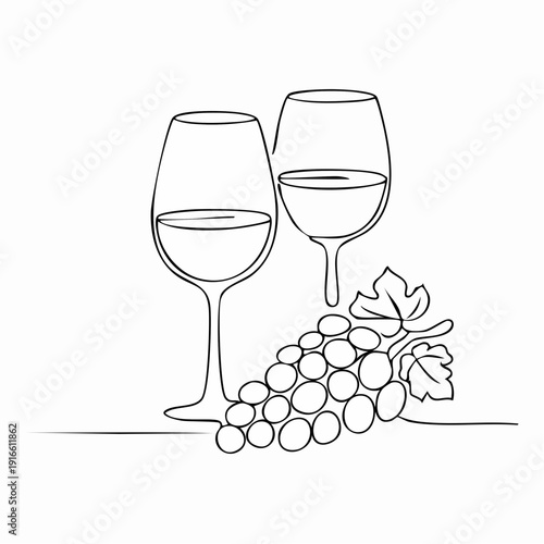 Continuous line, two glasses of wine and a bunch of grapes. line art vector illustration with white background editable stroke.