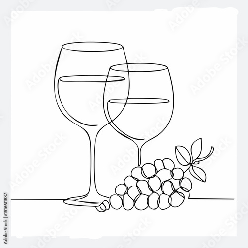 Continuous line, two glasses of wine and a bunch of grapes. line art vector illustration with white background editable stroke.