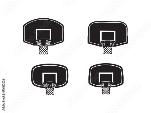 Basketball hoop vector collection with different backboard shapes and net designs set for