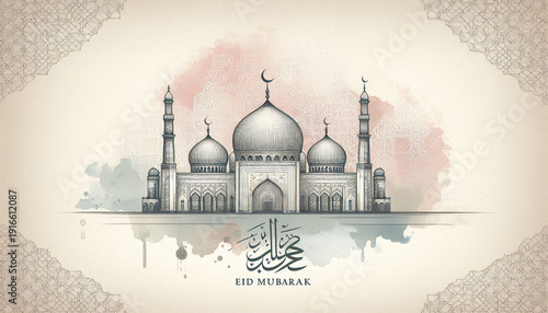Minimal Line Art Islamic Mosque with Abstract Watercolor Eid Celebration Background