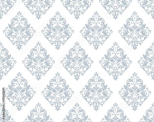 Wallpaper in the style of Baroque. White and gray floral ornament. Seamless vector background. Graphic pattern for fabric, wallpaper, packaging. Ornate Damask flower illustration