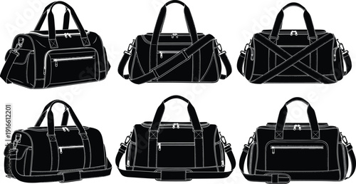 Black Travel Duffel Bag Set with Shoulder Strap and Zipper Pockets Isolated on White Background Vector Illustration