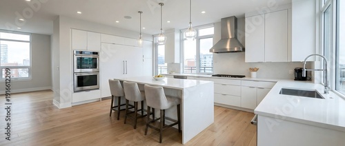 Spacious Modern Kitchen with Elegant White Cabinets and Bright Natural Light in Urban Setting