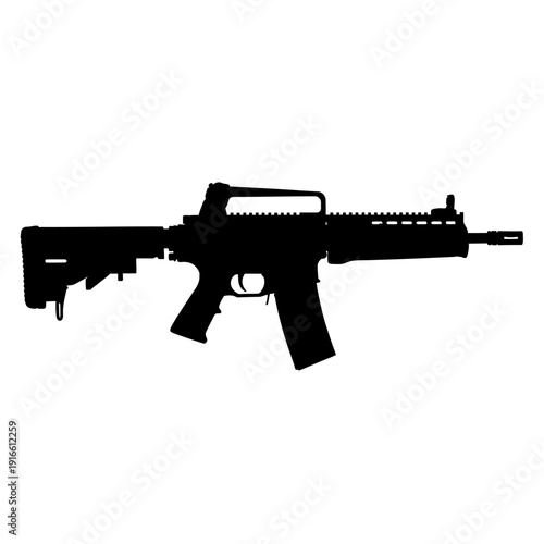 Black silhouette of a modern assault rifle on a white background.