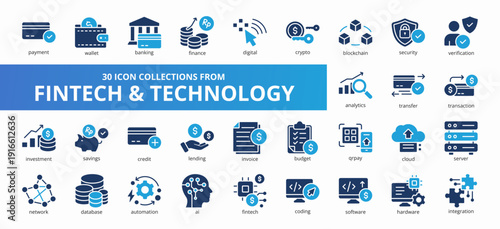 Set of 30 collection of fintech and technology icons suitable for web and mobile application. Set of glyph blue style icons with payment, wallet, banking, finance, digital, and more icons.