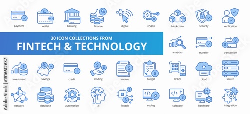 Set of 30 collection of fintech and technology icons suitable for web and mobile application. Set of outline blue style icons with payment, wallet, banking, finance, digital, and more icons.