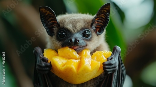 The big-eyed animal enjoys the juicy fruit, creating a pleasant mood that is suitable as a decorative background for children's books or environmental projects.