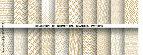 Geometric set of seamless golden and white patterns. Simple vector graphics